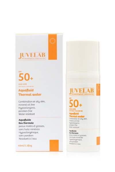 JUVELAB ماء حراري أكوا فلويد بعامل حماية من الشمس SPF50+، 40 مل