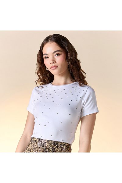 FAV Embellished Crew Neck T-shirt with Short Sleeves