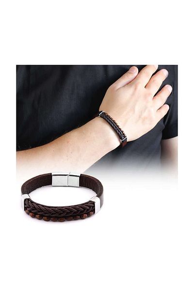 Tesbihane Straw Design Kuka Embroidered Brown Steel-Leather Combination Men's Bracelet104000350