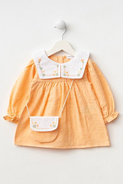 Minipodyum Baby Girl Embroidered Peter Pan Collar Muslin 100% Cotton Bag Dress