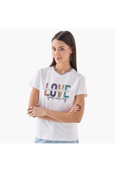 FAV Typographic Print T-shirt with Short Sleeves and Crew Neck