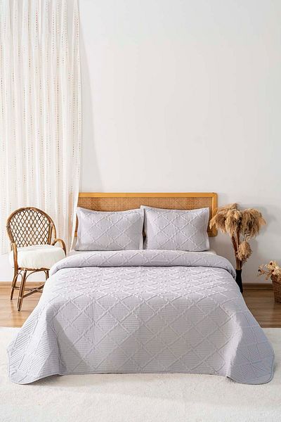 Rivaİstanbul Edda Gray Embroidered Double Bed Cover Set 3 Piece Sleeping Set