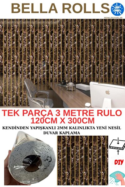 Renkli Duvarlar 120cmx300cm Tek Parça Yapışkanlı Rulo Gold Çizgili Mermer Des...