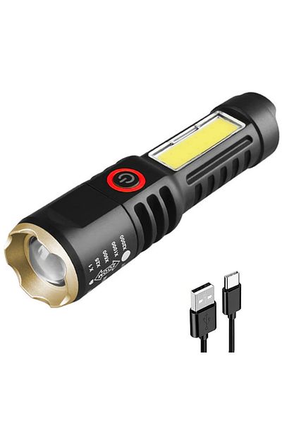 OEM Rechargeable tactical LED flashlight, USB-C cable, 14.5 cm, IPX4 waterproof, black