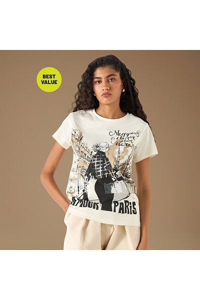 FAV Graphic Print Crew Neck T-shirt with Short Sleeves
