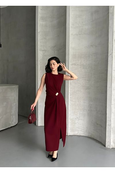 Moda Palmiss Women's Burgundy Stone Detailed Slit Stylish Midi Linda Dress
