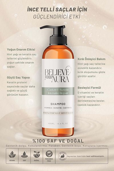Believe Your Aura Castor Oil Shampoo - Vitamin D Keratin Strengthening Revitalizing Natural Hair Care Shampoo - 400 ml