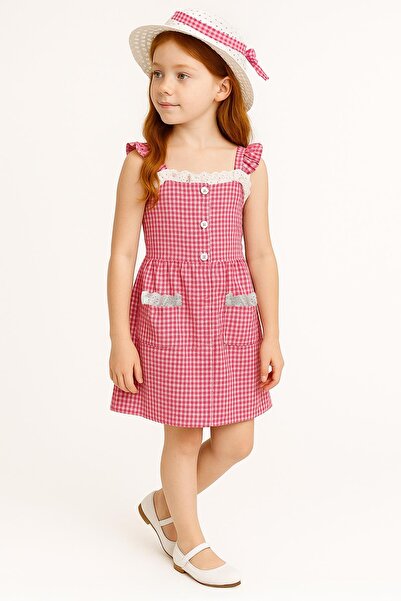 Perendi Φόρεμα για κορίτσια με καπέλο με σχέδια Pitikare φούξια - Βαμβακερή χτενισμένη φόδρα