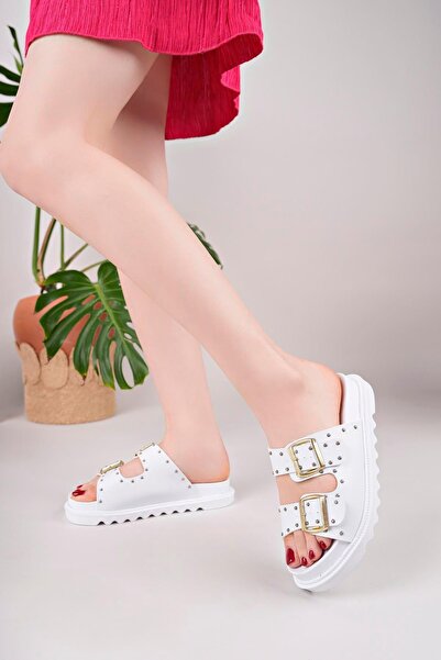 Aymood Жіночі анатомічні зручні тапочки з подвійною пряжкою та камінчиками