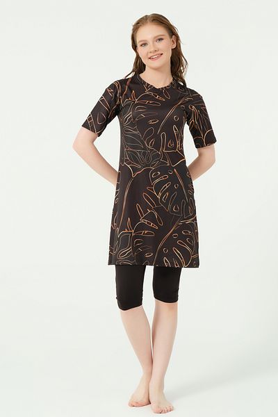 ALFASA Patterned Semi-Covered Hijab Swimsuit 24712-25 Orange