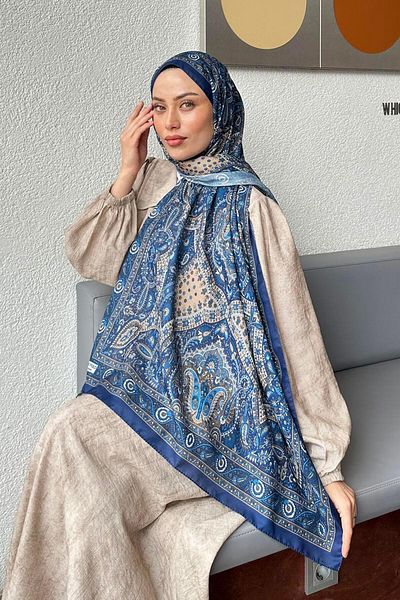 lamelif Retro Pattern Soft Shawl Midnight Blue