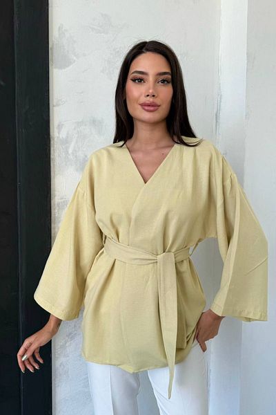 BLUSS Women's Belted Kimono Style Loose Jacket Blouse - Women's Oversize Stylish Flowy Top