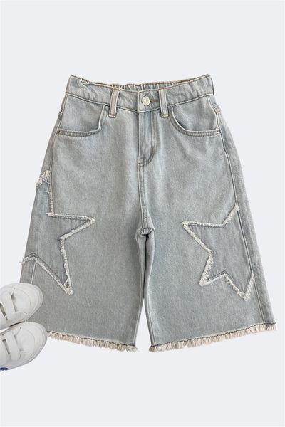 ASL GOLF CLUB Pantaloni scurți Capri cu stea din denim pentru fetiță, cu talie elastică, 6-10 ani