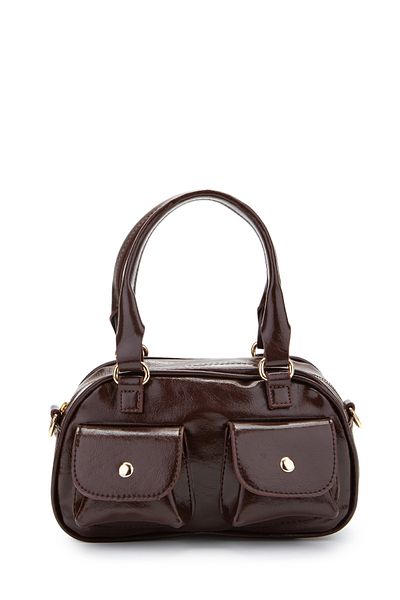 minebag Double Pocket Detailed Faux Leather Women's Crossbody Bag Vera Brown