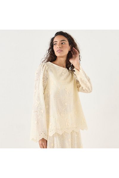 FAV All-Over Embroidered Top with Crew Neck and Long Sleeves
