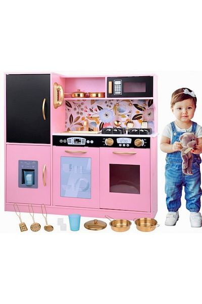 Smart Vibe Set Bucatarie pentru Copii din Lemn Natural, Pink Floral Cuisine