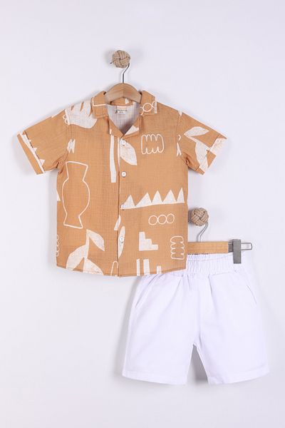 Pollito Boy's Mixed Patterned Shirt Shorts 2 Piece Set
