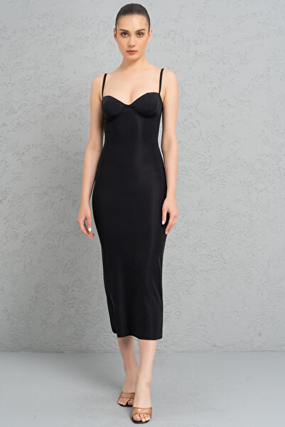 Kikiriki Siyah Göğüs Süngerli Vücudu Saran Midi Elbise