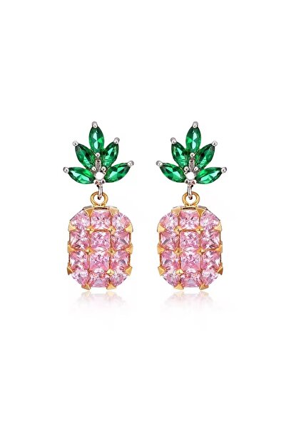 VİYA Neyşa Kadın Ananas Motifli Pembe Zirkon Taşlı Abiye Düğün Nişan Hediye Küpe