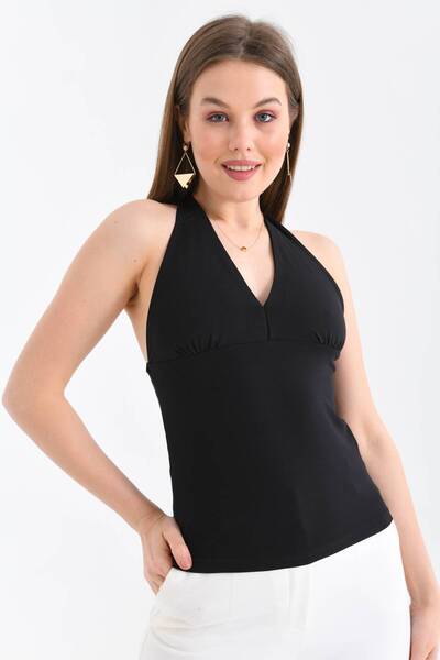 MOVİMENT Bluză neagră pentru femei, cu decolteu în V, din bumbac, care îmbrăț...