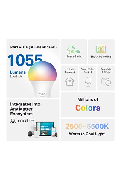 TP-LINK L535E WiFi LED Akıllı Ampul Çok Renkli E27 8,6W Enerji İzleme HomeKits Alexa Google Home ile Çalışır