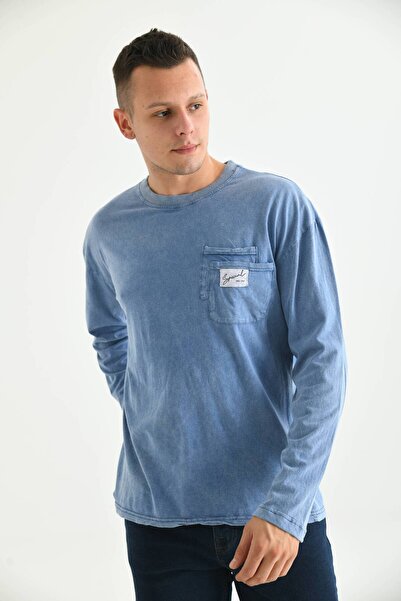 MOVİMENT تي شيرت رجالي بأكمام طويلة وطباعة خاصة من إنديجو وغسيل حمضي وتفاصيل جيب