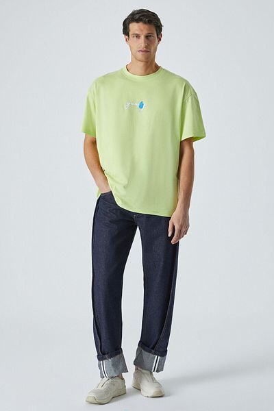 GRIMELANGE Yummy Men's Crew Neck Print Detailed 100% Organic Cotton Short Sleeve Light Green T-Shirt
