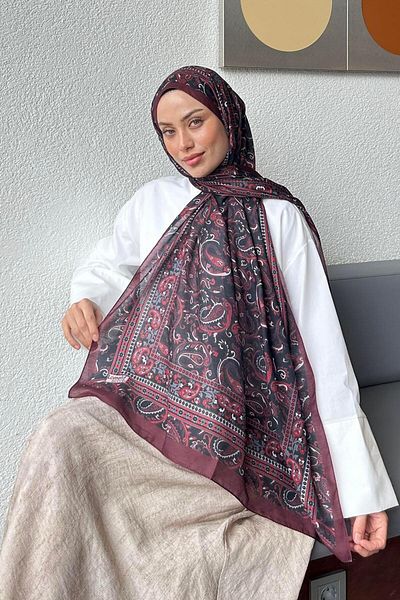 lamelif Retro Pattern Soft Shawl Black Burgundy