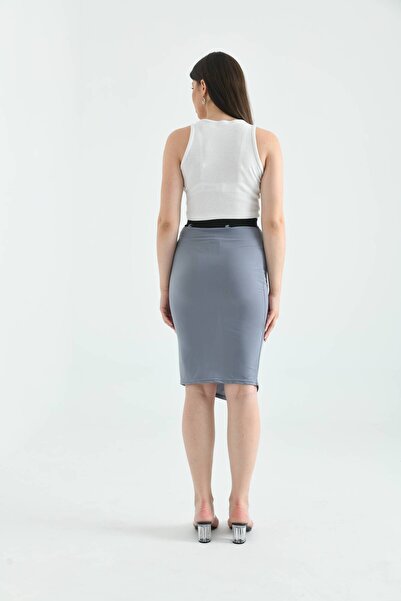 MOVİMENT Gray Rubber and Binding Detailed Midi Bodycon Knitted Skirt