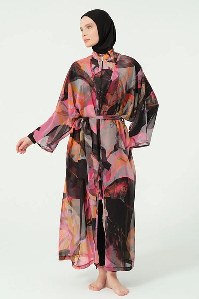 Bordomix 7183 Women's Black Patterned Belted Long Pareo - Beach Dress