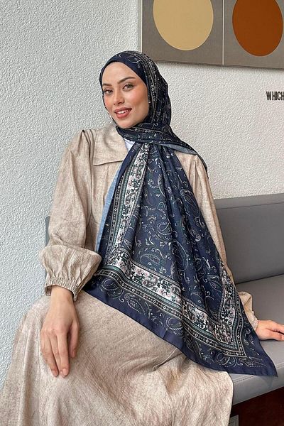 lamelif Şal moale cu model retro, albastru Parlament