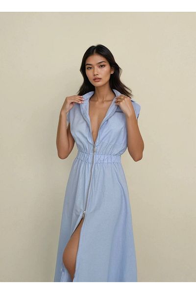 HARMONY GLOBAL Γυναικείο BabyBlue με ελαστική μέση και φερμουάρ από ύφασμα ποπλίνα Midi φόρεμα 7272
