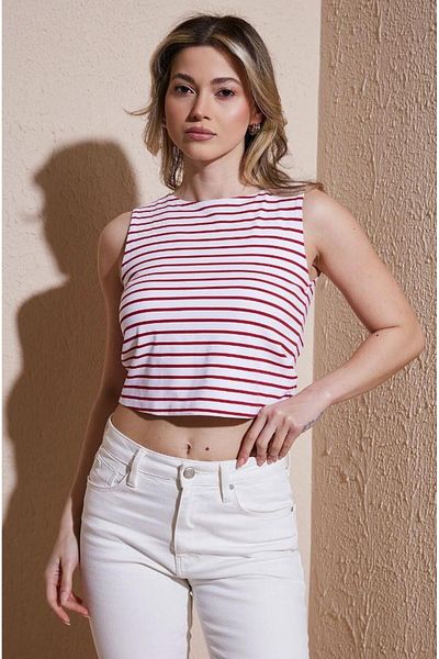 Fashion Friends Sleeveless Crop Blouse Red Striped
