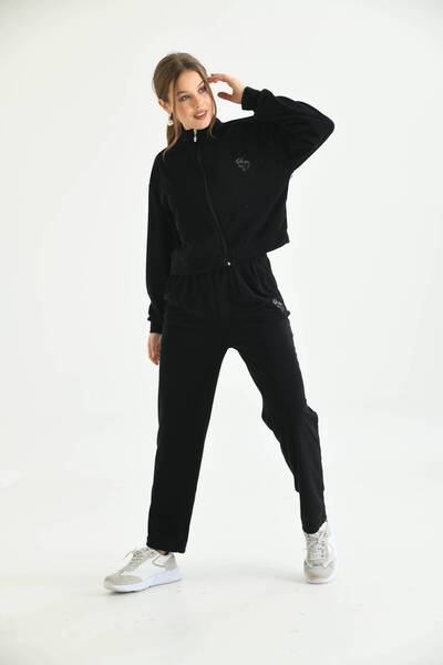 MOVİMENT Black Terry Fabric Floral Embroidered Tracksuit Set