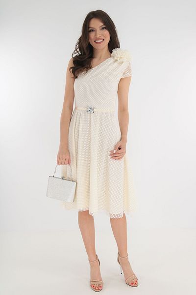 Vanessa Line RO Ivory tulle occasion dress with polka dots and maxi flower on the shoulder
