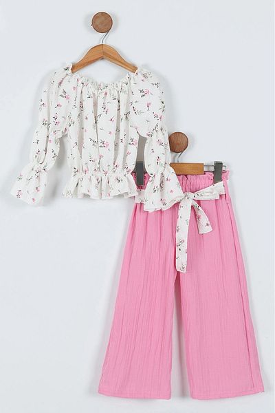 Butik Lena Pink Floral Printed Belted Trousers Girl's Summer Suit