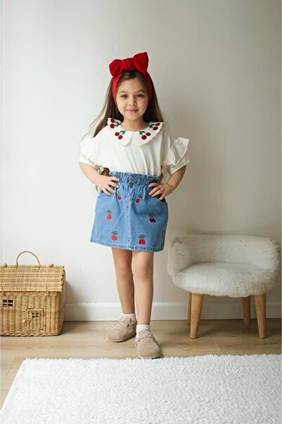 KOKOŞ BEBEK Cherry Patterned Denim Skirt Set |   Between 3/6 Years