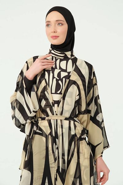 Bordomix 7177 Women's Black Beige Patterned Belted Long Pareo - Beach Dress