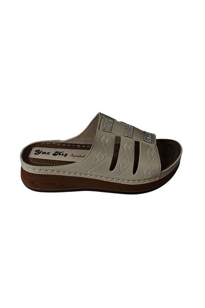 Yaz Kış Ayakkabı Yazkiş Women's Black Cream Skin Thick Sole Comfort Sole Slippers with Stones