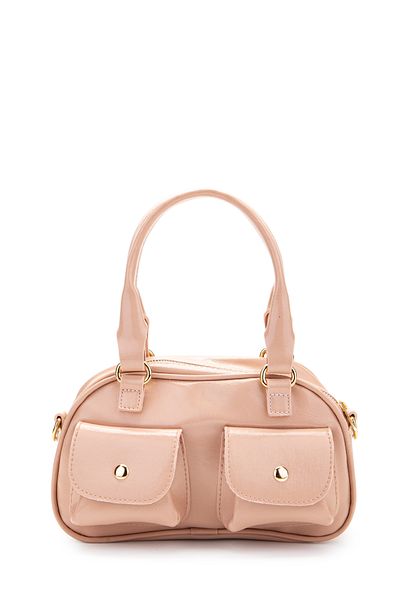 minebag Double Pocket Detailed Faux Leather Women's Crossbody Bag Vera Powder