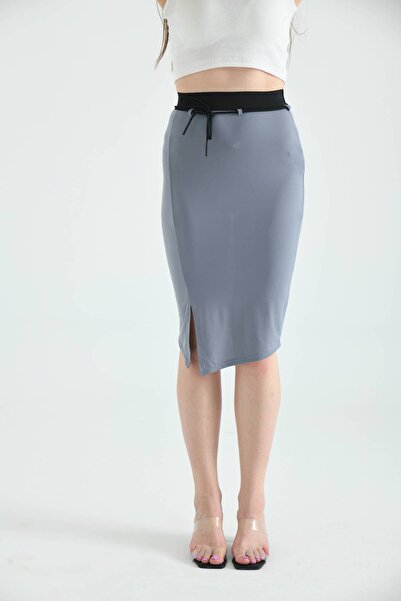 MOVİMENT Gray Rubber and Binding Detailed Midi Bodycon Knitted Skirt