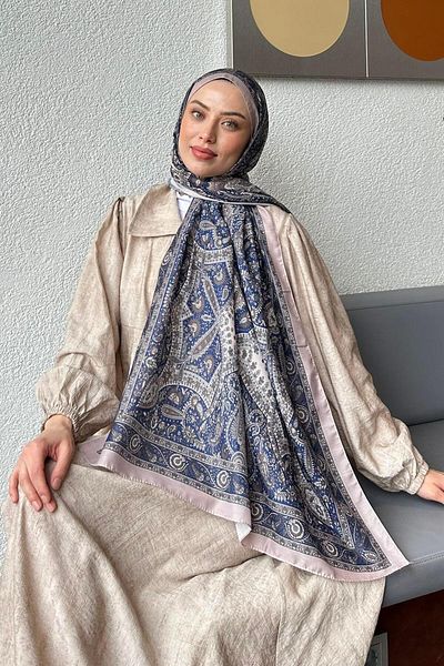 lamelif Retro Pattern Soft Shawl Navy Blue Mink