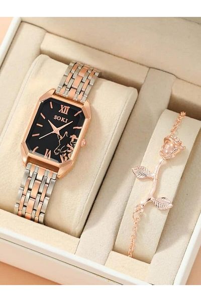 Generic SOKI Rose Gold Horse Pattern Analog Watch with movement by Quartz with Rose Bracelet for Women