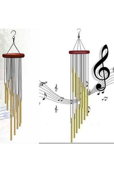 PUFO Clopoțel de vânt cu 12 mini tuburi sonore metalice aurii pentru casă sau grădină, model Feng-Shui