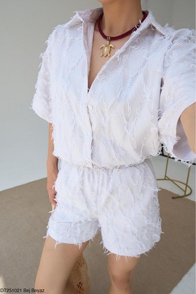 Lupies Women's White Tassel Detailed Shirt-Shorts Set