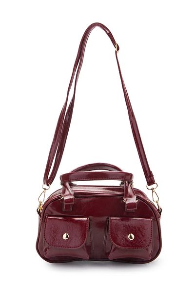 minebag Double Pocket Detailed Faux Leather Women's Crossbody Bag Vera Claret Red