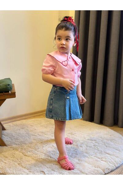 KOKOŞ BEBEK Heart Denim Shorts Skirt Suit |   Between 3/10 Years