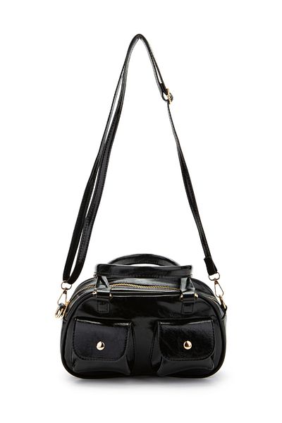 minebag Double Pocket Detailed Faux Leather Women's Crossbody Bag Vera Black