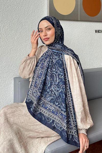 lamelif Retro Pattern Soft Shawl Navy Blue