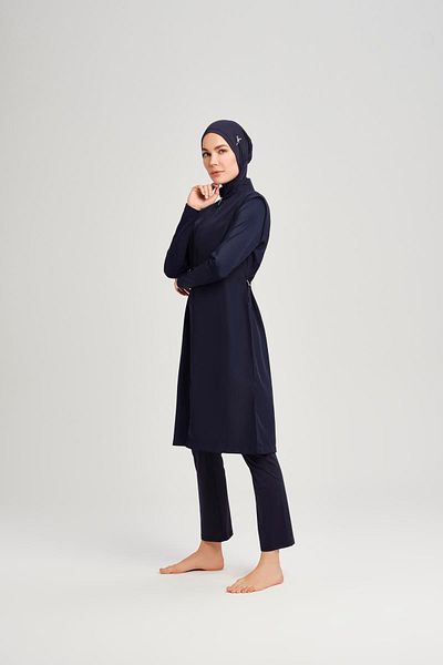 Haşema Comfortable Cut Navy Blue Gilet 4 Piece Full Hijab Swimsuit Set 6025